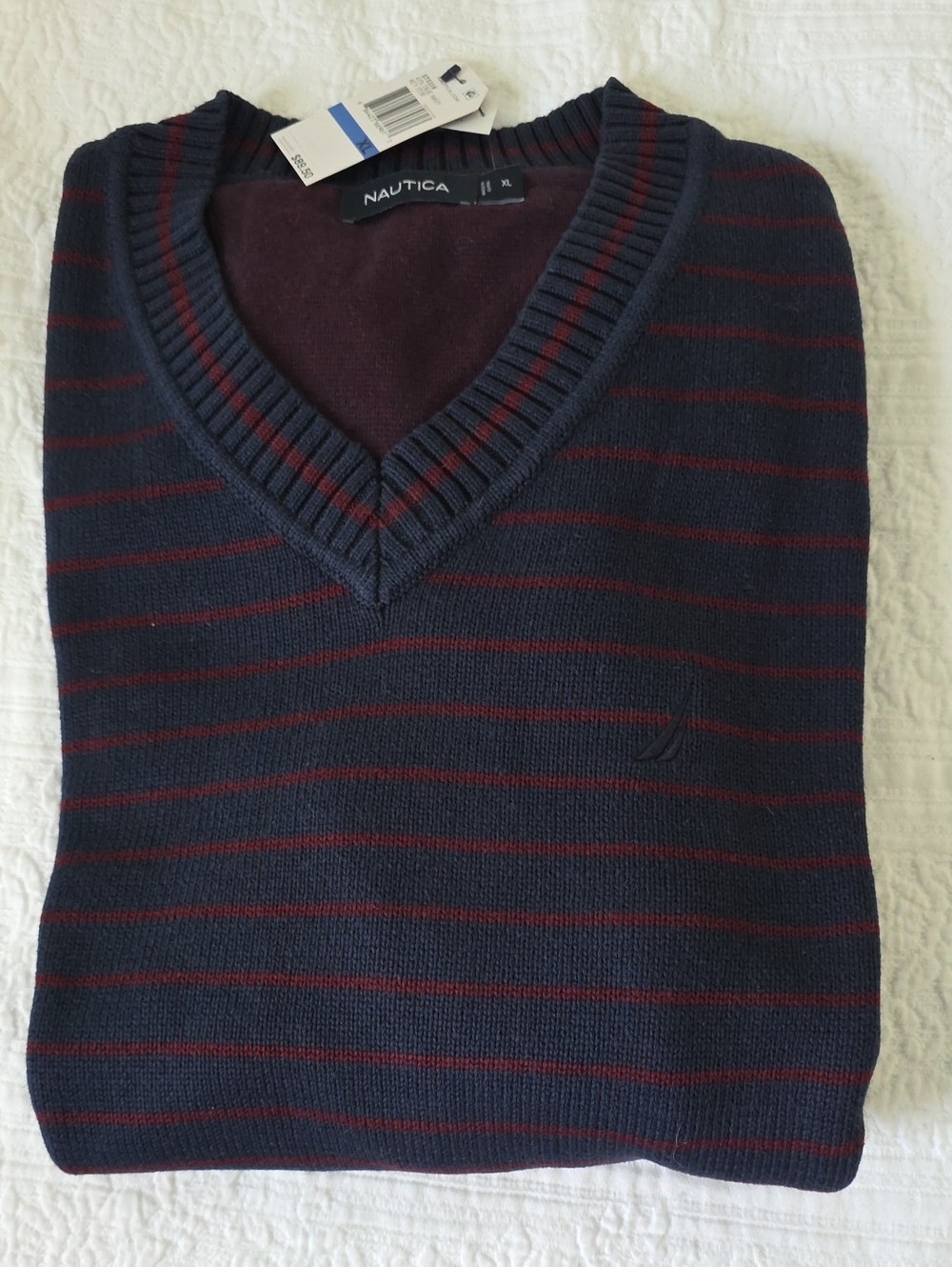 Nautica Men’s Navy V-Neck Sweater with Maroon Stripes